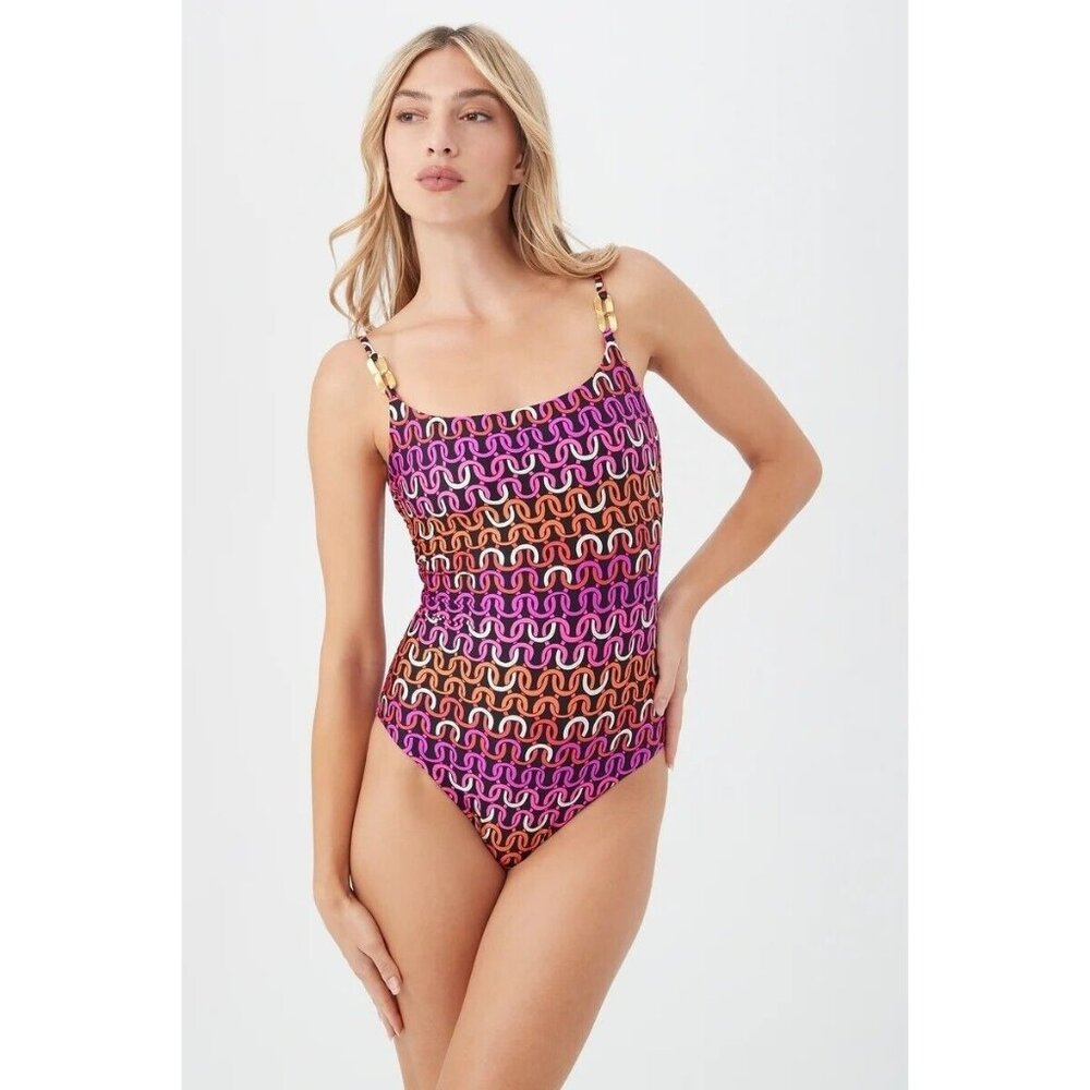 Trina Turk Echo Chain One Piece Swimsuit 8 Scoop Neck Pink  NEW
